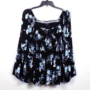 Torrid Smocked Blouse Plus Size 6X Long Sleeves Floral Print Blue Black New